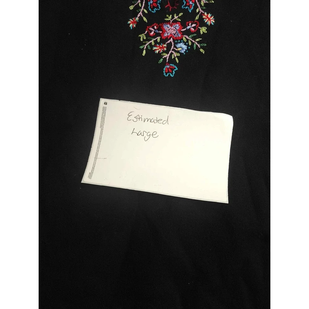 Jason Maxwell Black Floral Embroidered Keyhole Top Red Blanket Stitch Womens L